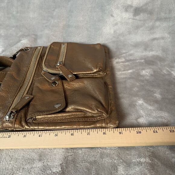 Fossil Crossbody Bag Front Pockets Metallic Bronze/Chocolate Pebbled Leather - Picture 9 of 16